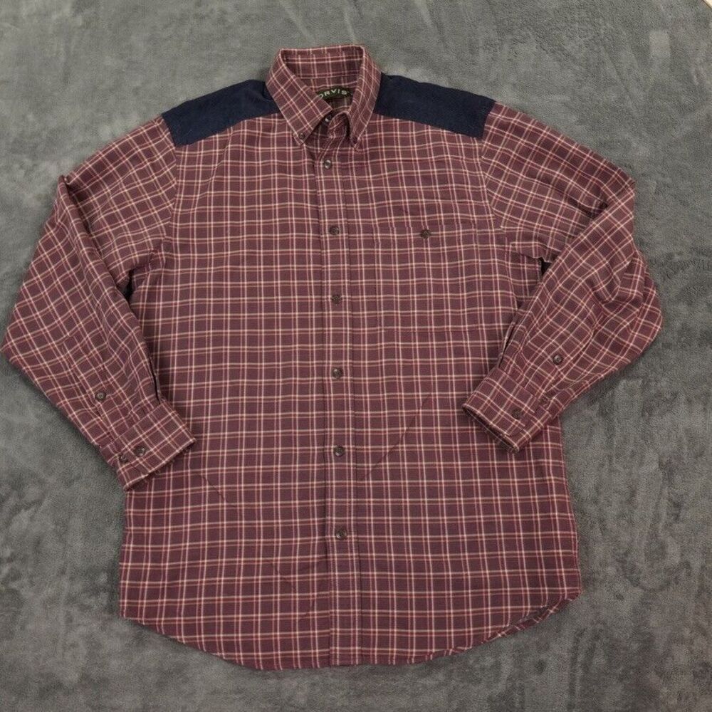 Orvis Shirt Mens Medium Red Plaid Blue Corduroy Shoulder Patch Range Country